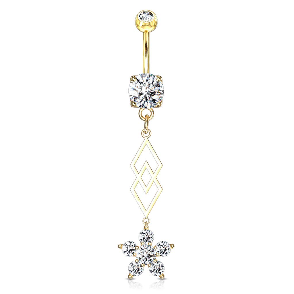 Bauchnabelpiercing Zirkonia Blumen-Anhänger Nabelpiercing Chirurgenstahl Bananabell Silber Gold Roségold Clear Stab 1,6/10mm