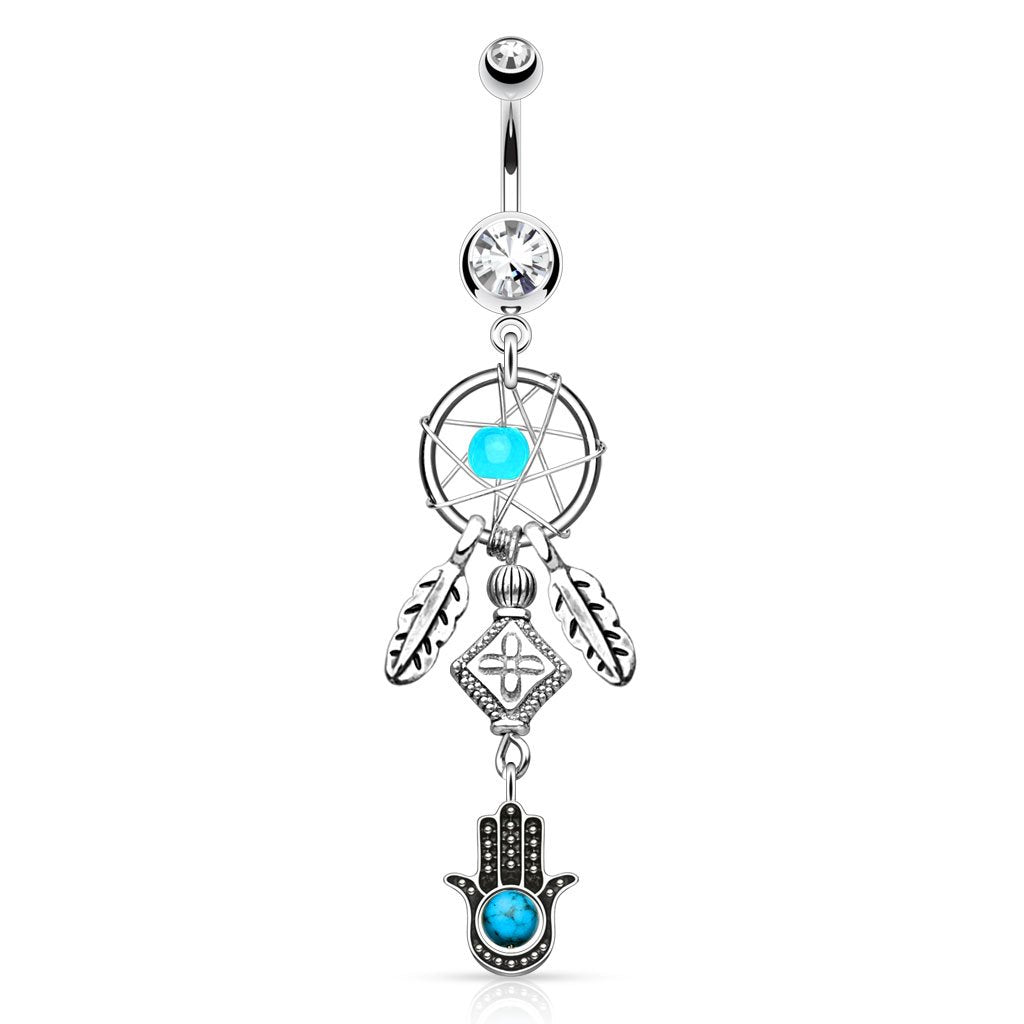 Bauchnabelpiercing Set 1,6mm 10mm Hamsa 48,2 x 14,3mm Nabelpiercing Chirurgenstahl Bananabell Zirkonia Silber Clear Türkis