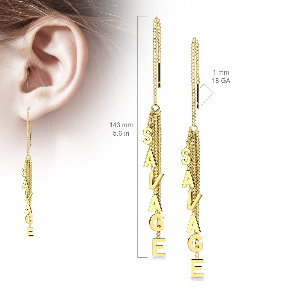 1 Paar Damen Ohrringe Durchzieher Ketten-Anhänger Wort SAVAGE Ohrringe Ohrstecker Chirurgenstahl Gold Roségold Silber