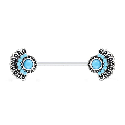 Brustwarzenpiercing Vintage Fächer Türkis Brustpiercing Nippelpiercing Chirurgenstahl Silber Stab 1,6/14mm