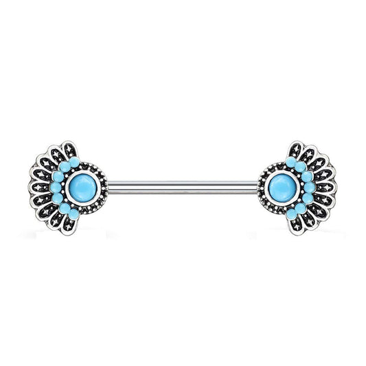 Brustwarzenpiercing Vintage Fächer Türkis Brustpiercing Nippelpiercing Chirurgenstahl Silber Stab 1,6/14mm
