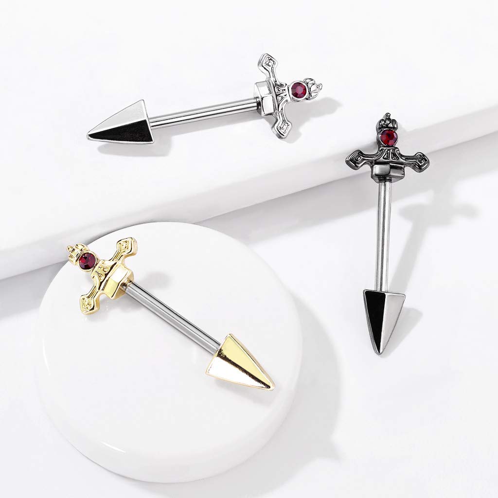 Brustwarzenpiercing roter Kristall Dolch Brustpiercing Nippelpiercing Chirurgenstahl Silber Gold Schwarz Stab 1,6/14mm