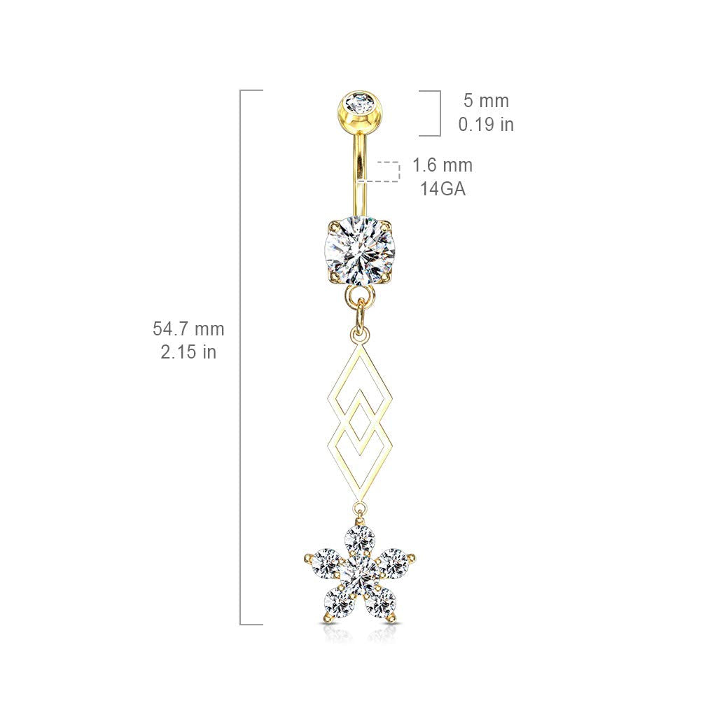 Bauchnabelpiercing Zirkonia Blumen-Anhänger Nabelpiercing Chirurgenstahl Bananabell Silber Gold Roségold Clear Stab 1,6/10mm