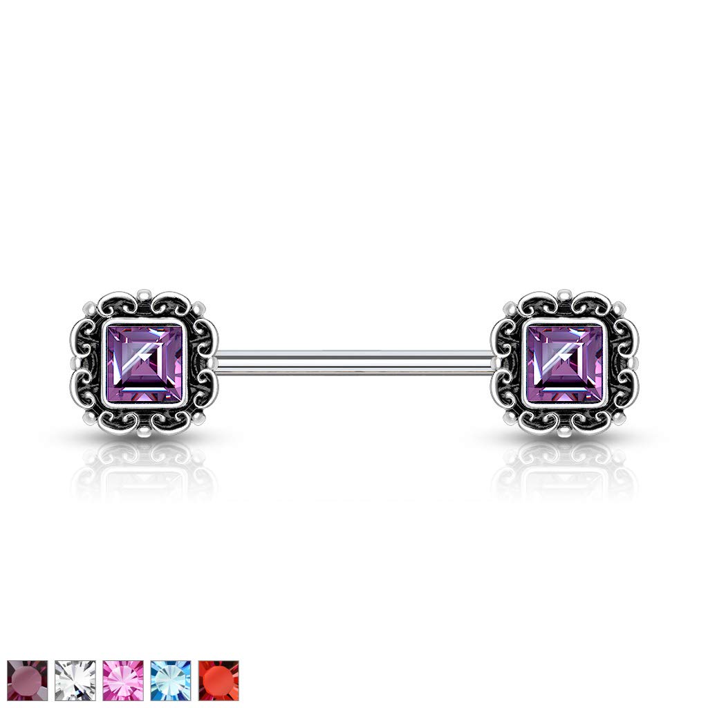 Brustwarzenpiercing Vintage Zirkonia-Quadrat Brustpiercing Nippelpiercing Chirurgenstahl viele Farben Stab 1,6/14mm