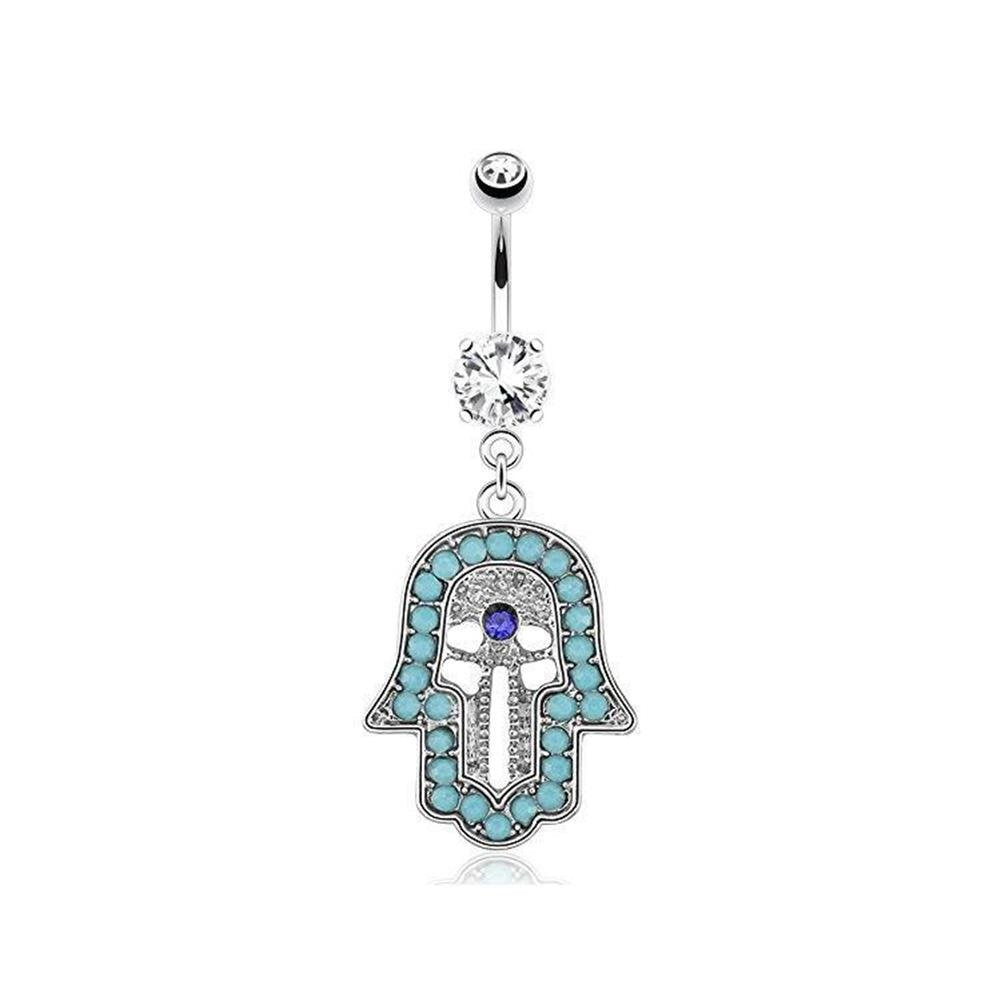 Bauchnabelpiercing Hamsa-Hand Anhänger 1,6mm 10mm Nabelpiercing Chirurgenstahl Bananabell Zirkonia 14 Karat Gold Silber Clear Aqua