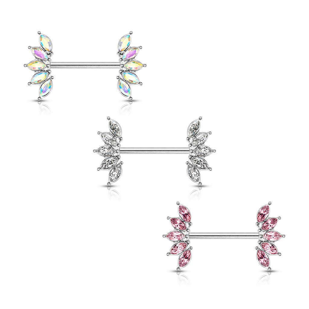 Brustwarzenpiercing Kristall-Fächer Brustpiercing Nippelpiercing Chirurgenstahl Silber Regenbogen Clear Pink Stab 1,6/16mm