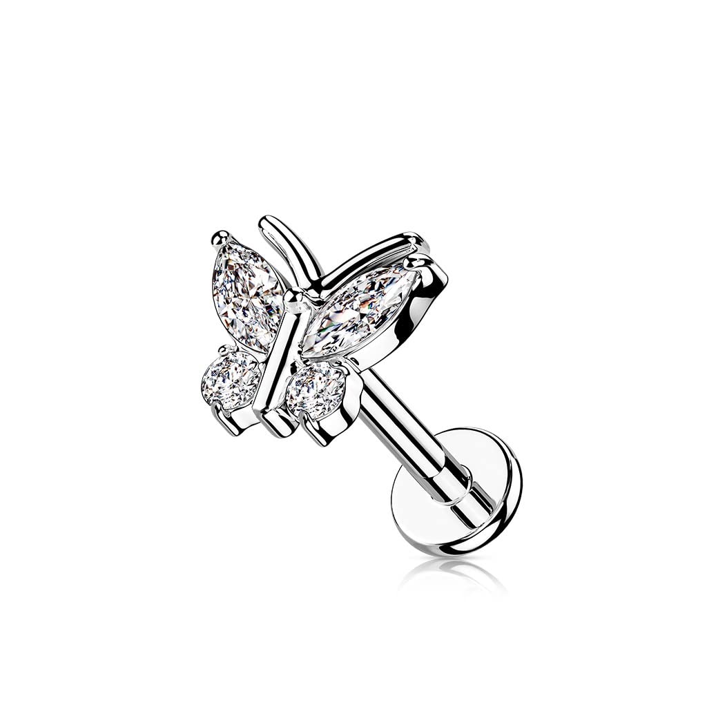 Knorpel Ohrstecker Schmetterling Silber Gold Roségold 4 Zirkonia Clear Piercings Chirurgenstahl Schraubverschluss Stab 6/8mm lang