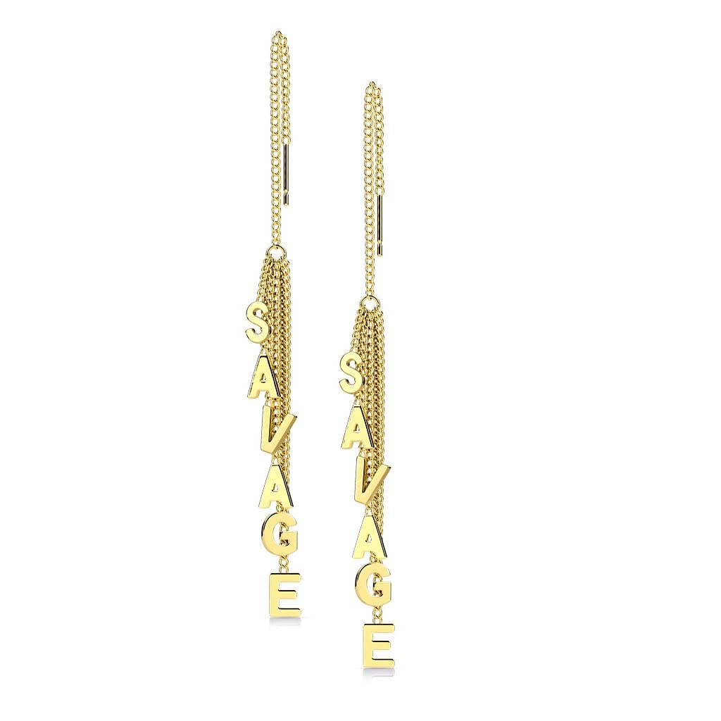 1 Paar Damen Ohrringe Durchzieher Ketten-Anhänger Wort SAVAGE Ohrringe Ohrstecker Chirurgenstahl Gold Roségold Silber