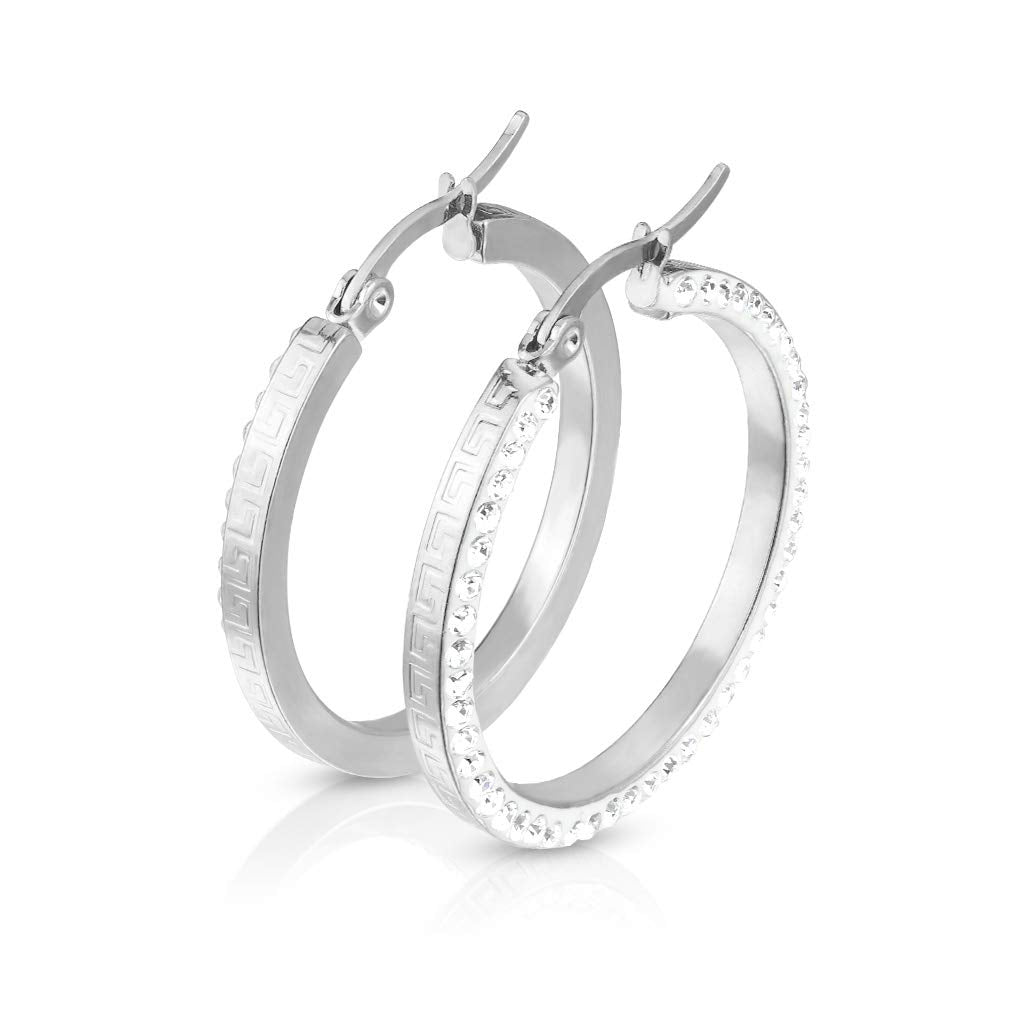 1 Paar Damen Ohrringe CREOLE 3mm breit Zirkonia-Rand Muster Ohrstecker Chirurgenstahl Gold Roségold Silber Clear 30mm