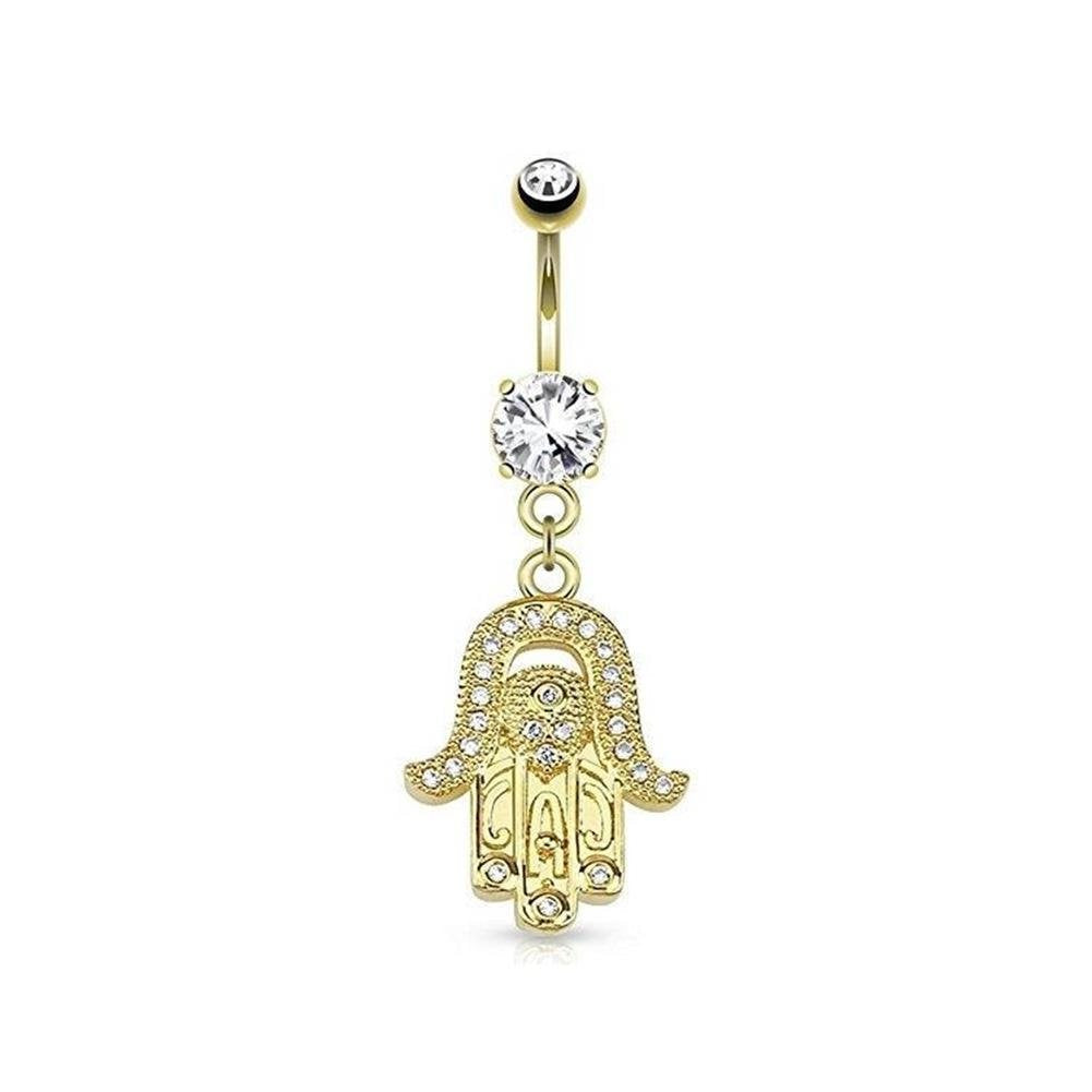 Bauchnabelpiercing Hamsa-Hand Anhänger 1,6mm 10mm Nabelpiercing Chirurgenstahl Bananabell Zirkonia 14 Karat Gold Silber Clear Aqua