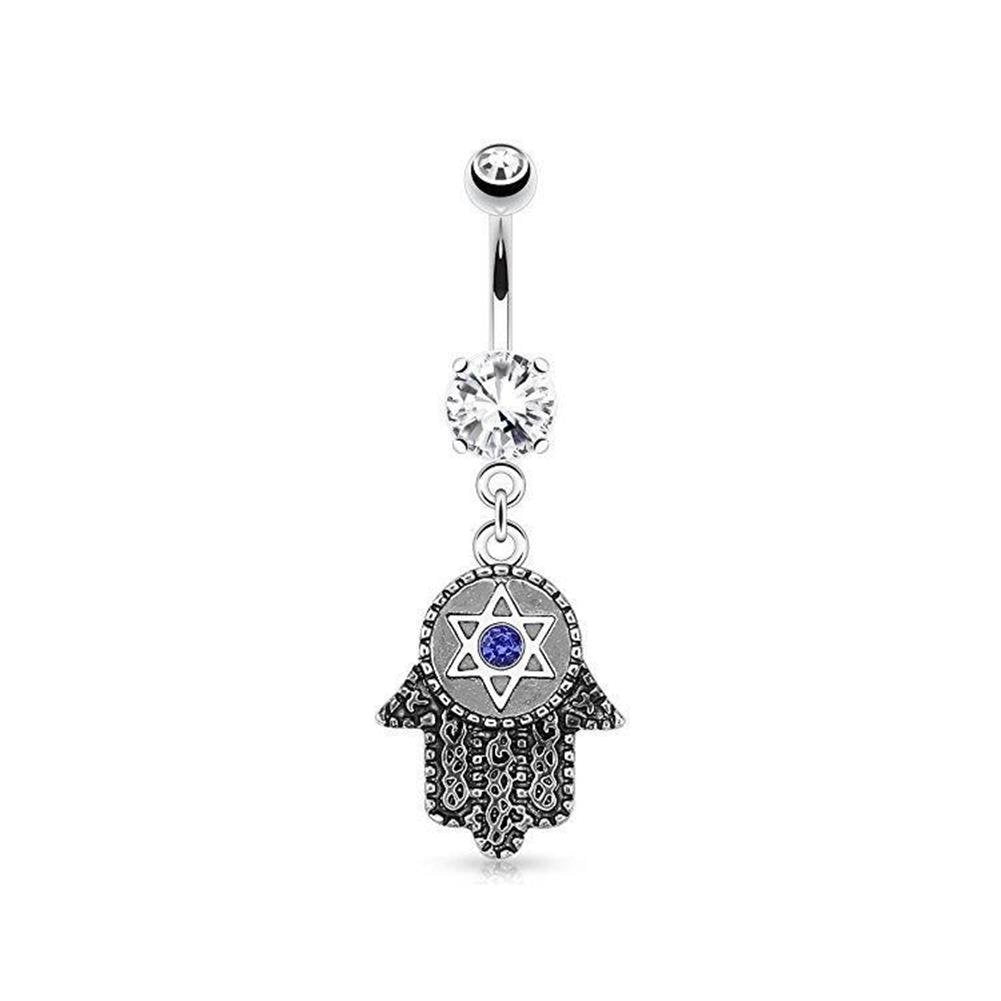 Bauchnabelpiercing Hamsa-Hand Anhänger 1,6mm 10mm Nabelpiercing Chirurgenstahl Bananabell Zirkonia 14 Karat Gold Silber Clear Aqua