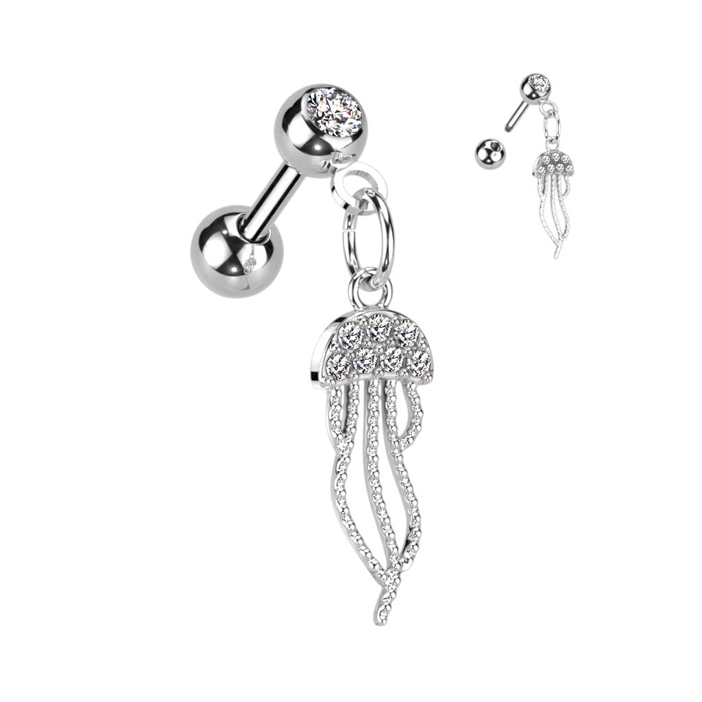Knorpel Ohrstecker Qualle-Anhänger Zirkonia Clear Silber Gold Piercings Chirurgenstahl Schraubverschluss Stab 6mm lang