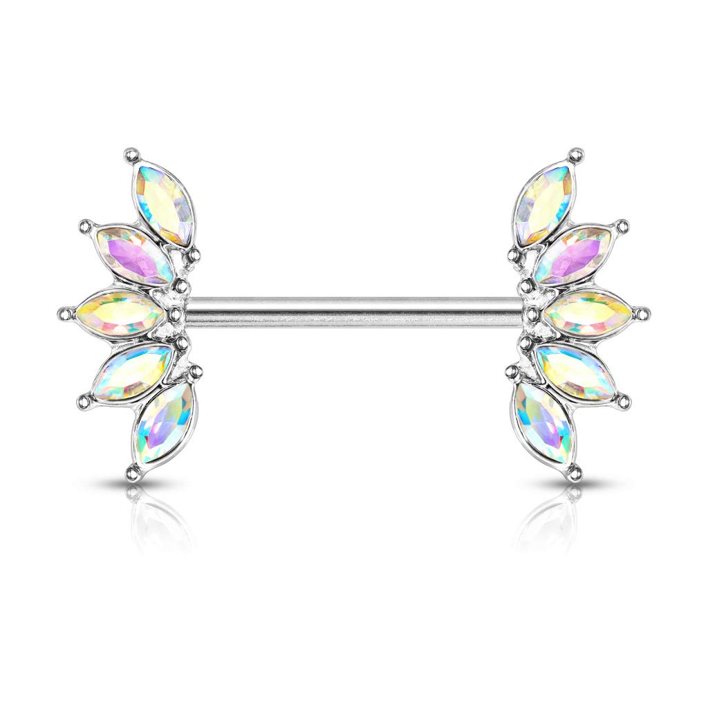 Brustwarzenpiercing Kristall-Fächer Brustpiercing Nippelpiercing Chirurgenstahl Silber Regenbogen Clear Pink Stab 1,6/16mm