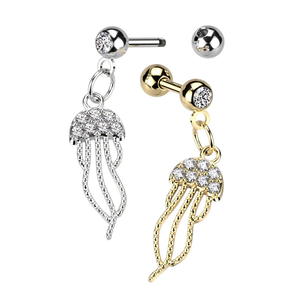 Knorpel Ohrstecker Qualle-Anhänger Zirkonia Clear Silber Gold Piercings Chirurgenstahl Schraubverschluss Stab 6mm lang