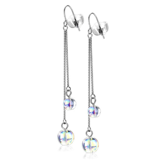 1 Paar Damen Ohrringe Regenbogen Kugel-Anhänger Doppel-Kette Ohrhänger Ohrstecker Silber