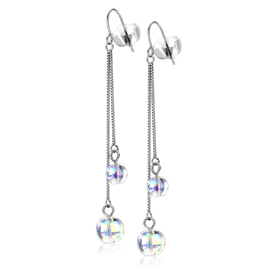 1 Paar Damen Ohrringe Regenbogen Kugel-Anhänger Doppel-Kette Ohrhänger Ohrstecker Silber