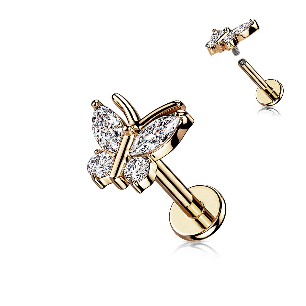 Knorpel Ohrstecker Schmetterling Silber Gold Roségold 4 Zirkonia Clear Piercings Chirurgenstahl Schraubverschluss Stab 6/8mm lang