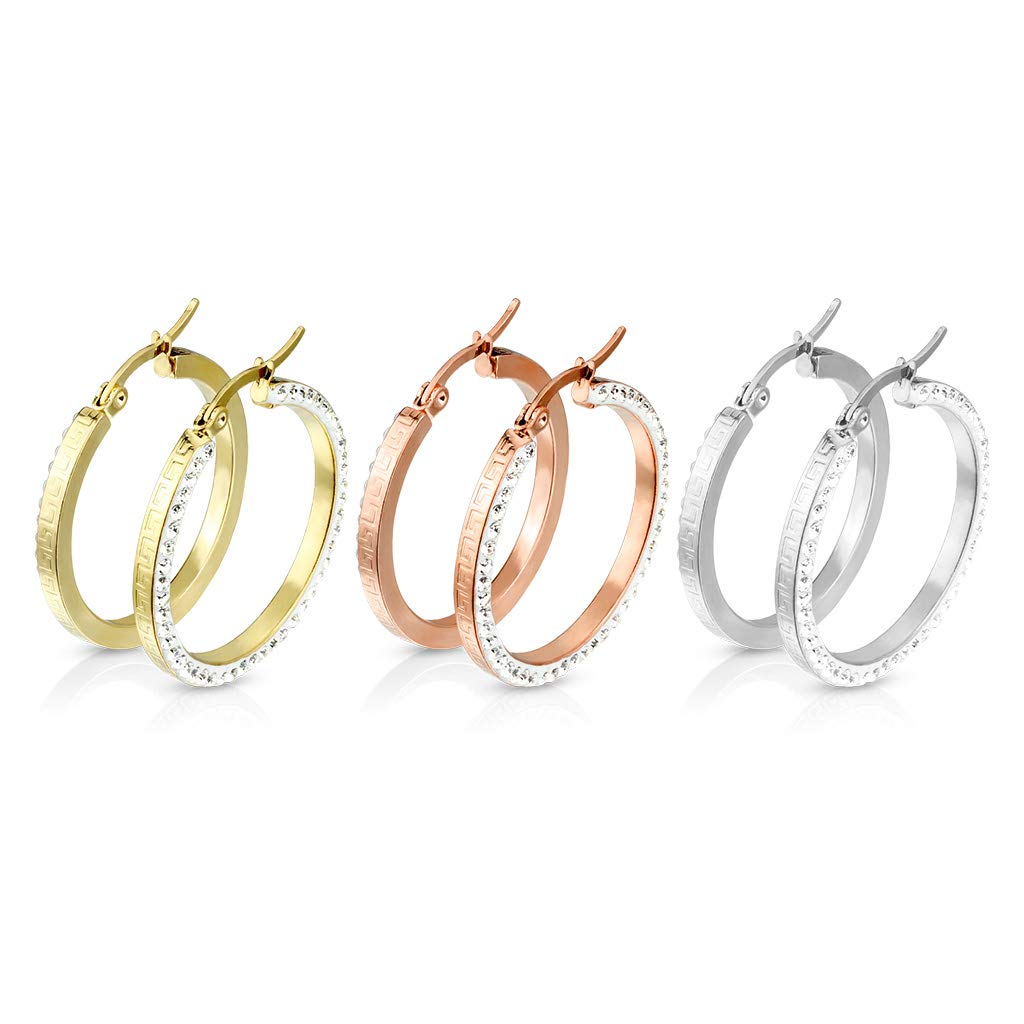 1 Paar Damen Ohrringe CREOLE 3mm breit Zirkonia-Rand Muster Ohrstecker Chirurgenstahl Gold Roségold Silber Clear 30mm