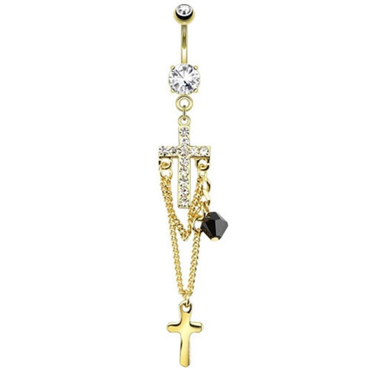 Bauchnabelpiercing GOLDENES Kreuz 14 Karat vergoldet Anhänger 1,6mm 10mm Nabelpiercing Chirurgenstahl Bananabell Zirkonia