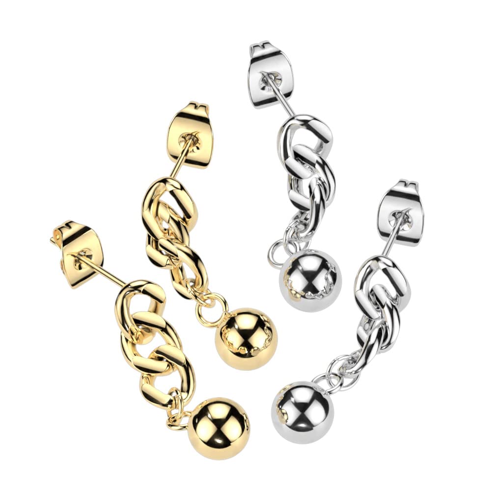 1 Paar Damen Ohrstecker Ketten-Design Kugel-Anhänger Chirurgenstahl Ohrringe Ohrhänger Silber Gold