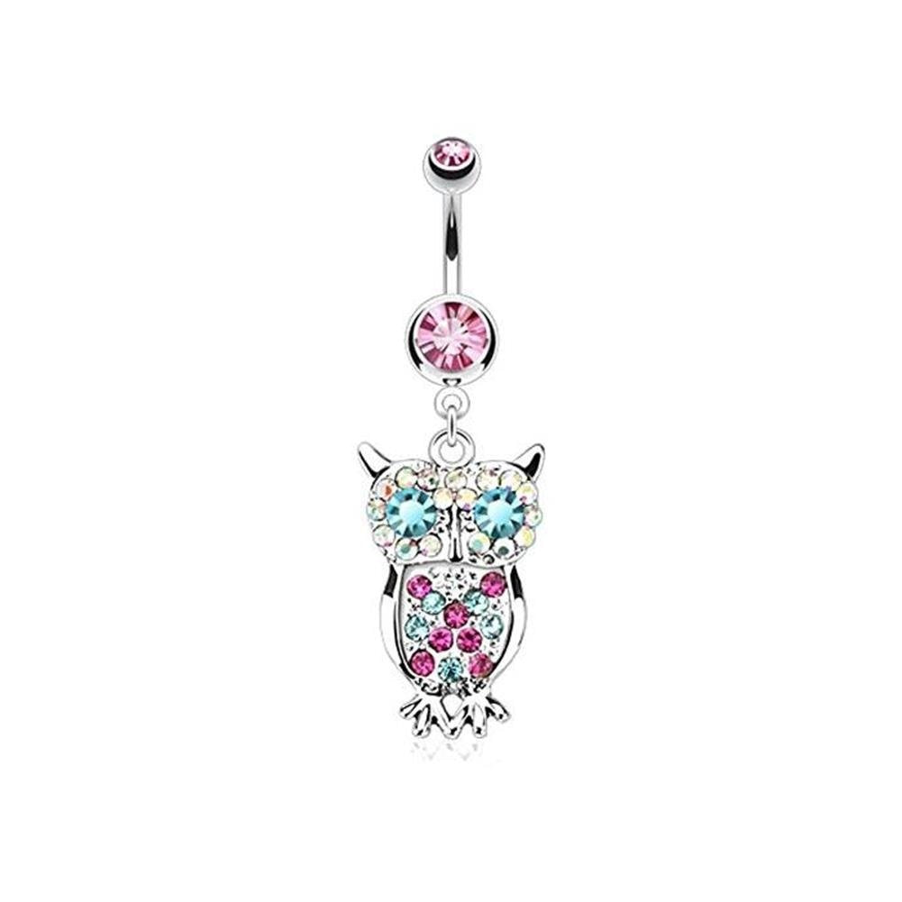 Bauchnabelpiercing Eule Anhänger 1,6mm 10mm Nabelpiercing Chirurgenstahl Bananabell Zirkonia 14 Karat Gold Silber Clear Pink Aqua