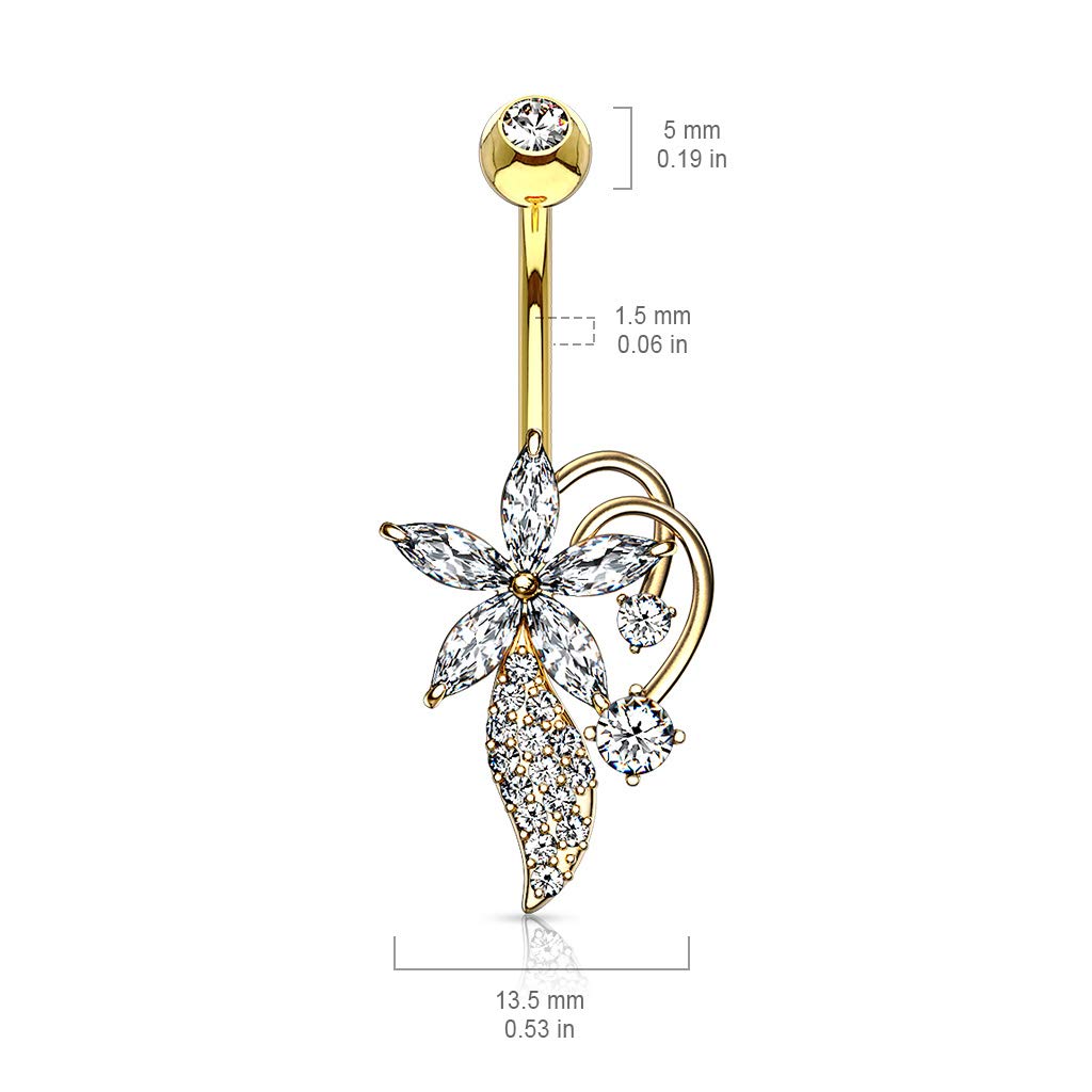 Bauchnabelpiercing Zirkonia Blumen-Bouquet Nabelpiercing Chirurgenstahl Bananabell Silber Gold Roségold Clear Stab 1,6/10mm