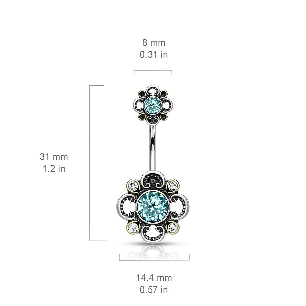 Bauchnabelpiercing Filigrane Blume 6 Zirkonia Nabelpiercing Chirurgenstahl Bananabell viele Farben Stab 1,6/10mm