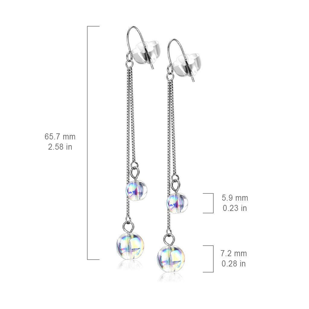 1 Paar Damen Ohrringe Regenbogen Kugel-Anhänger Doppel-Kette Ohrhänger Ohrstecker Silber