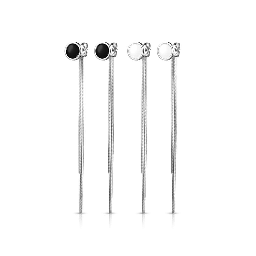 1 Paar Damen Ohrringe Enamel Kreis 8mm Ketten Anhänger e Ohrstecker Chirurgenstahl Weiß Schwarz Silber Länge 65,7mm