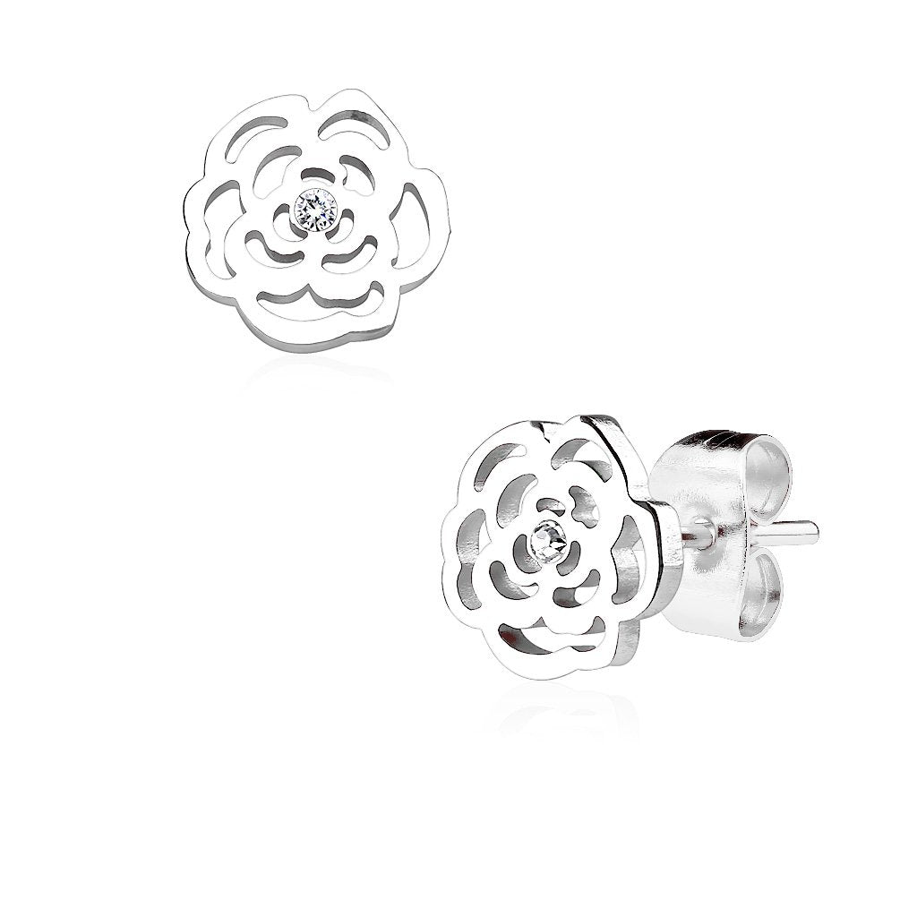 1 Paar Ohrringe Set Ohrstecker Edelstahl Chirurgenstahl Rose Blume clear Zirkonia gold silber