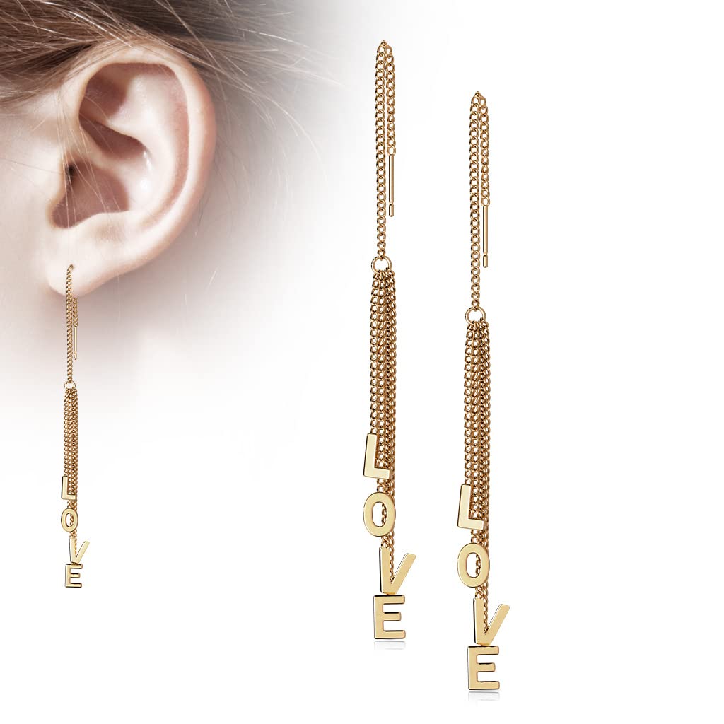 1 Paar Damen Ohrringe Durchzieher Ketten-Anhänger Wort LOVE Ohrringe Ohrstecker Chirurgenstahl Gold Roségold Silber