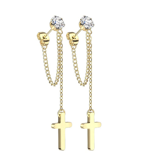 1 Paar Damen Ohrstecker Zirkonia Clear Ketten-Kreuz Anhänger Chirurgenstahl Ohrringe Ohrhänger Silber Gold Schwarz