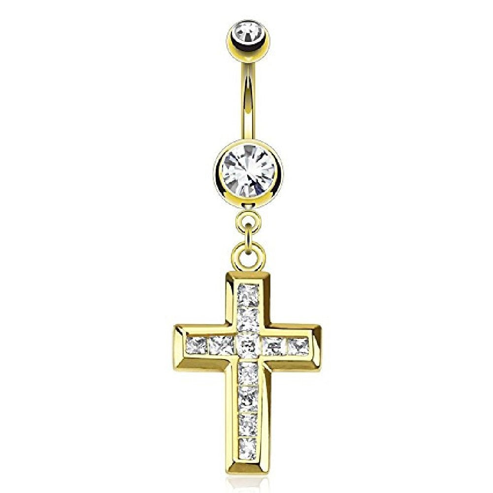 Bauchnabelpiercing GOLDENES Kreuz 14 Karat vergoldet Anhänger 1,6mm 10mm Nabelpiercing Chirurgenstahl Bananabell Zirkonia