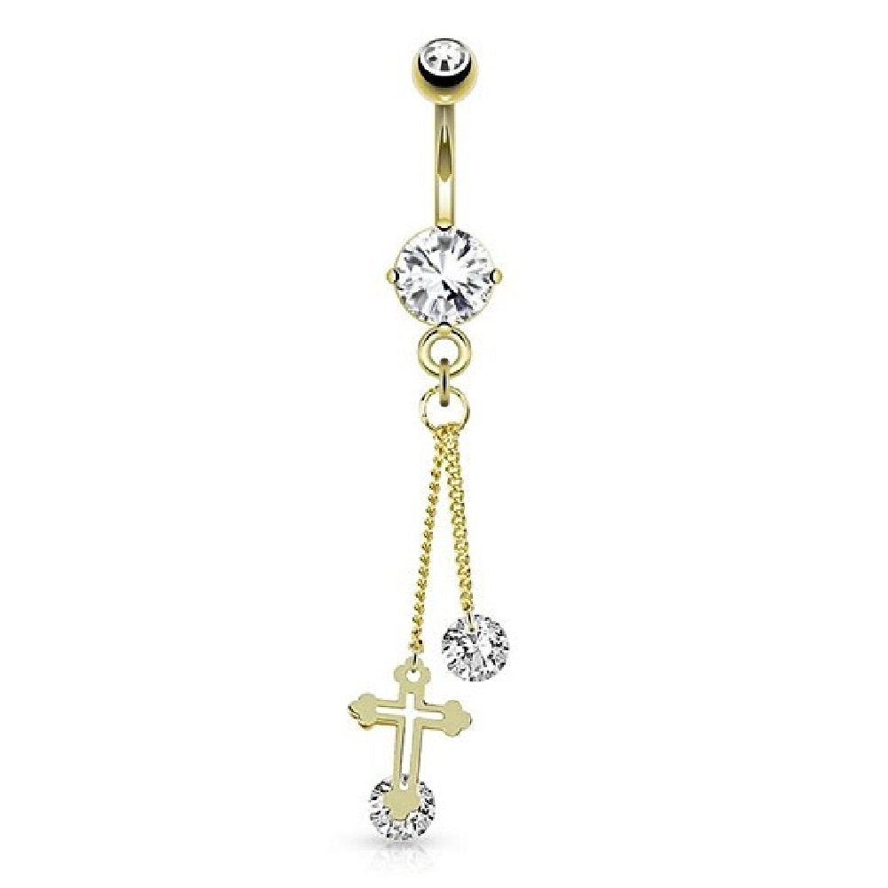Bauchnabelpiercing GOLDENES Kreuz 14 Karat vergoldet Anhänger 1,6mm 10mm Nabelpiercing Chirurgenstahl Bananabell Zirkonia