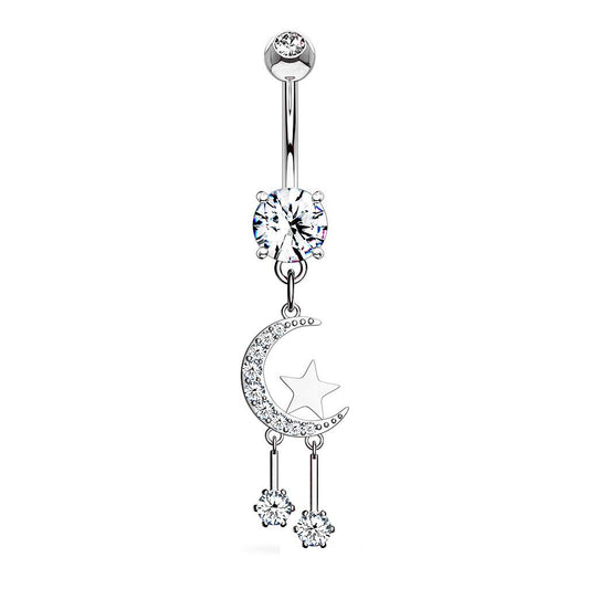 Bauchnabelpiercing Zirkonia Halb-Mond Sterne Anhänger Nabelpiercing Chirurgenstahl Bananabell Silber Gold Roségold Clear Stab 1,6/10mm