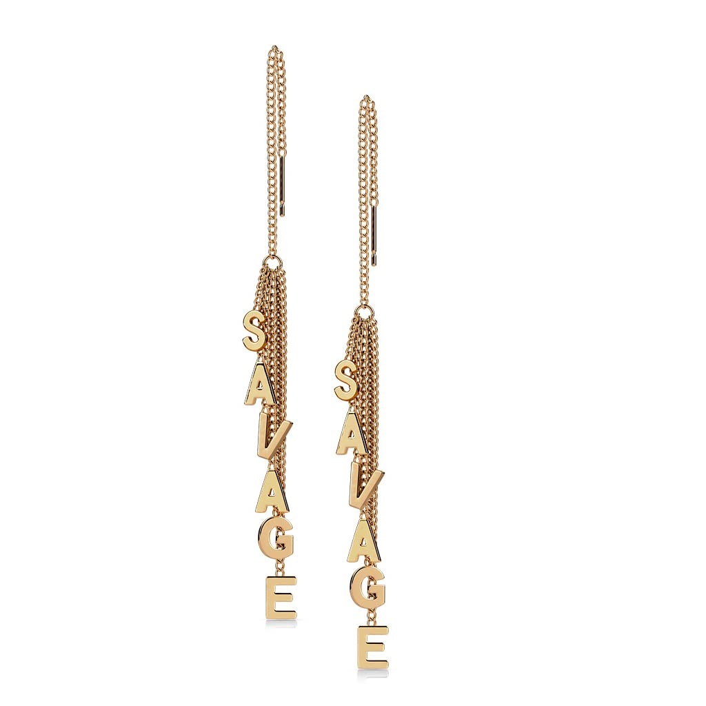 1 Paar Damen Ohrringe Durchzieher Ketten-Anhänger Wort SAVAGE Ohrringe Ohrstecker Chirurgenstahl Gold Roségold Silber