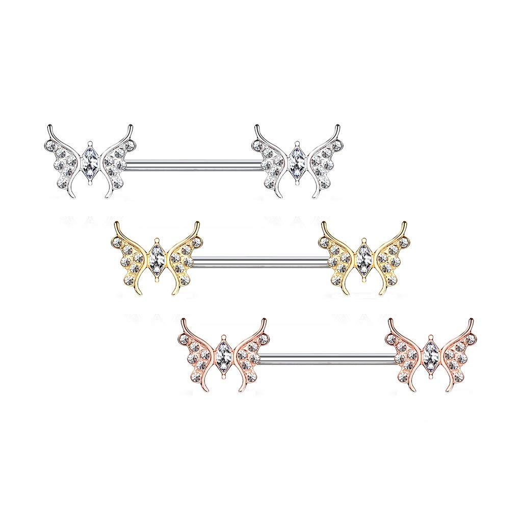 Brustwarzenpiercing Zirkonia Schmetterling Brustpiercing Nippelpiercing Chirurgenstahl Silber Gold Roségold Clear Stab 1,6/14mm