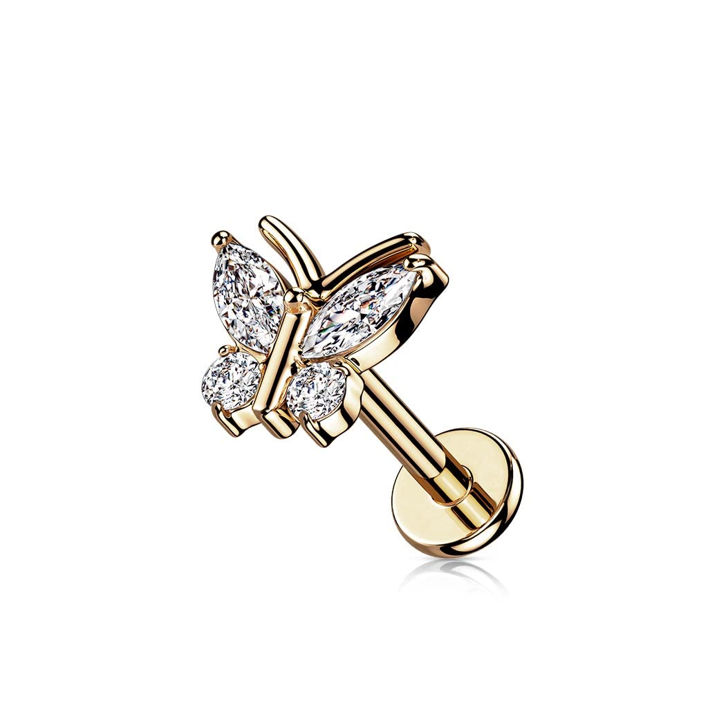 Knorpel Ohrstecker Schmetterling Silber Gold Roségold 4 Zirkonia Clear Piercings Chirurgenstahl Schraubverschluss Stab 6/8mm lang