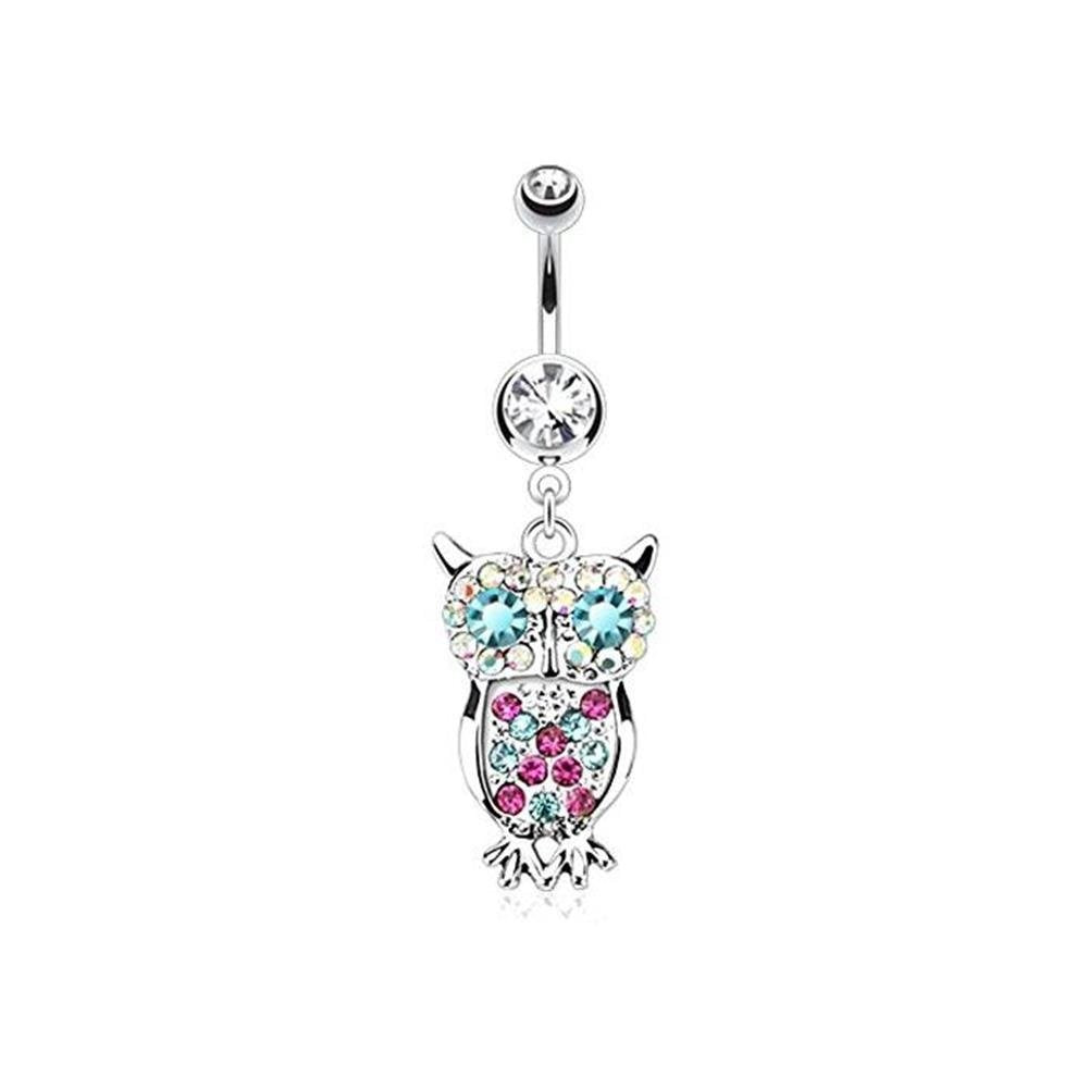 Bauchnabelpiercing Eule Anhänger 1,6mm 10mm Nabelpiercing Chirurgenstahl Bananabell Zirkonia 14 Karat Gold Silber Clear Pink Aqua