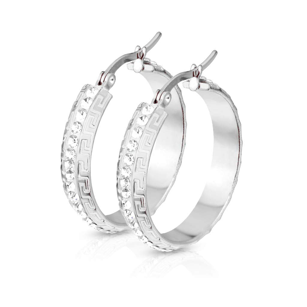 1 Paar Damen Ohrringe CREOLE 6mm breit Zirkonia-Mitte Muster Ohrstecker Chirurgenstahl Gold Roségold Silber Clear 30mm