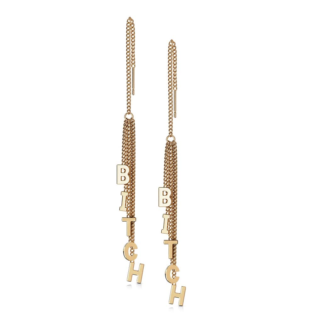1 Paar Damen Ohrringe Durchzieher Ketten-Anhänger Wort BITCH Ohrringe Ohrstecker Chirurgenstahl Gold Roségold Silber
