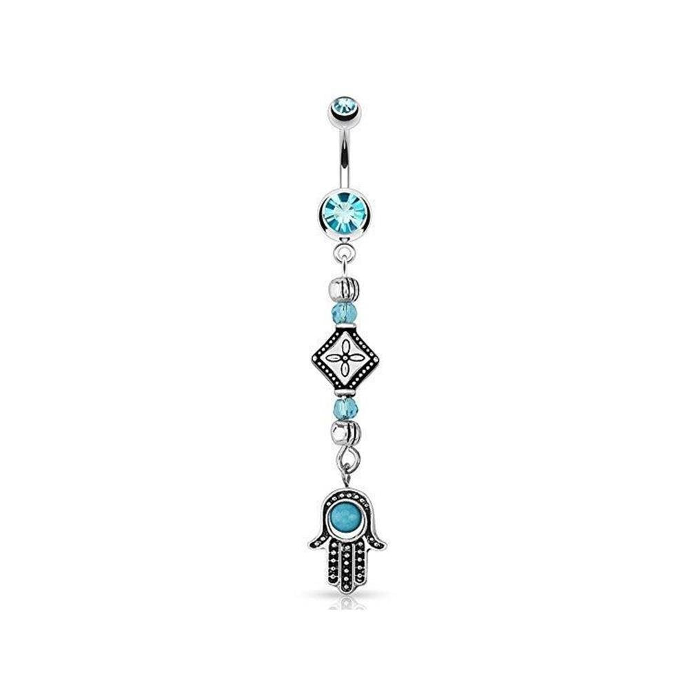 Bauchnabelpiercing Hamsa-Hand Anhänger 1,6mm 10mm Nabelpiercing Chirurgenstahl Bananabell Zirkonia 14 Karat Gold Silber Clear Aqua