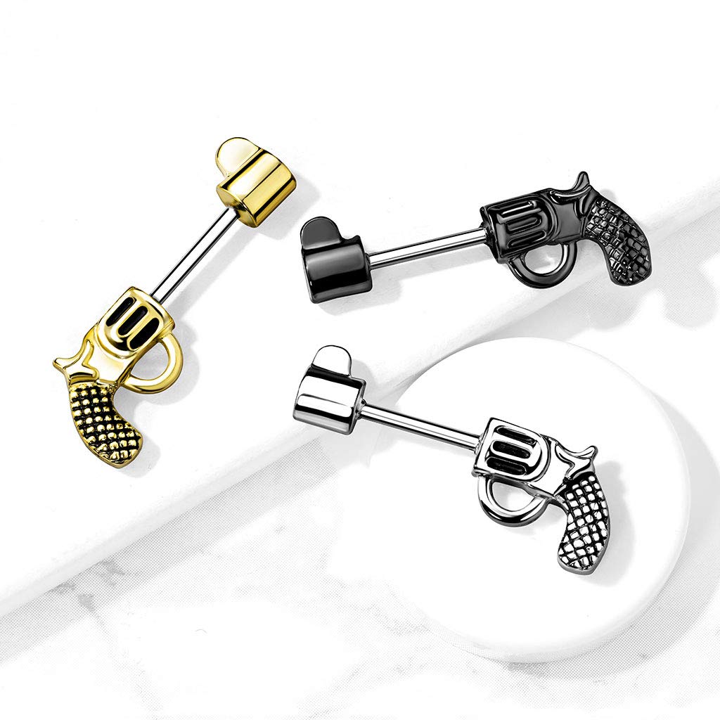 Brustwarzenpiercing Revolver Pistole Brustpiercing Nippelpiercing Chirurgenstahl Gold Schwarz Silber Stab 1,6/12mm