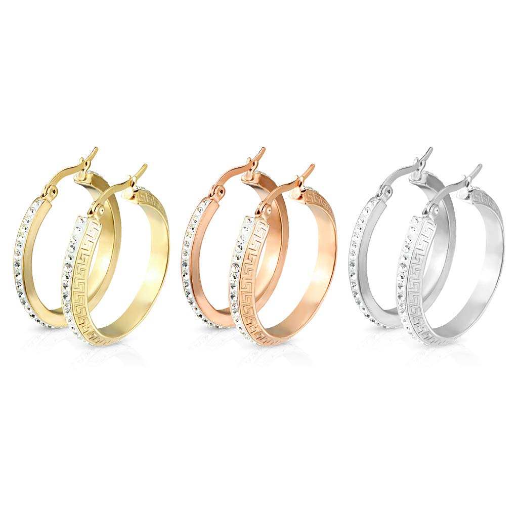 1 Paar Damen Ohrringe CREOLE 4mm breit Zirkonia-Rand Muster Ohrstecker Chirurgenstahl Gold Roségold Silber Clear 30mm
