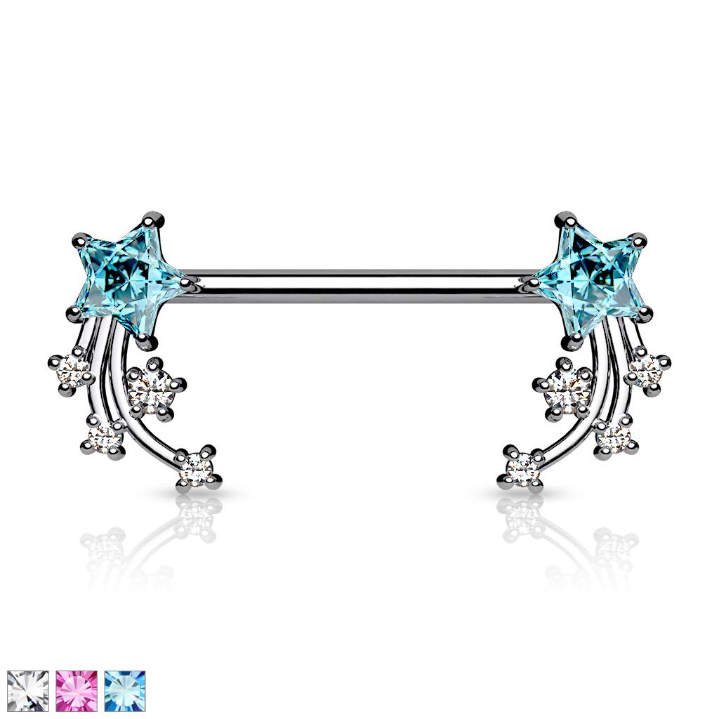 Brustwarzenpiercing Stern-schnuppen Silber Clear Pink Aqua Brustpiercing Nippelpiercing Intimpiercing Chirurgenstahl Stab 16mm