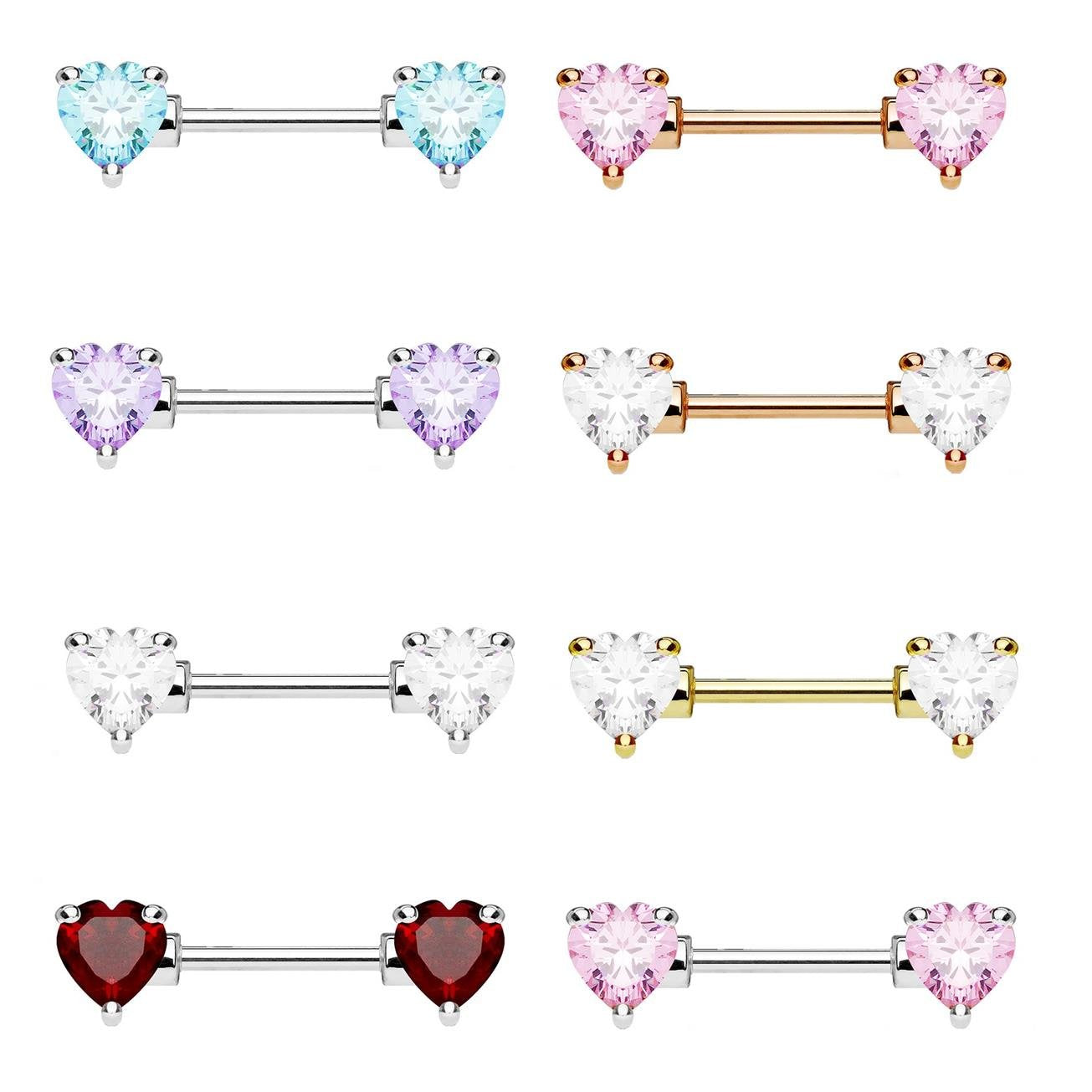 Brustwarzenpiercing ZIRKONIA Herzen Brustpiercing Intimpiercing CHIRURGENSTAHL Silber Gold Roségold Stab 1,6mm 12/16mm