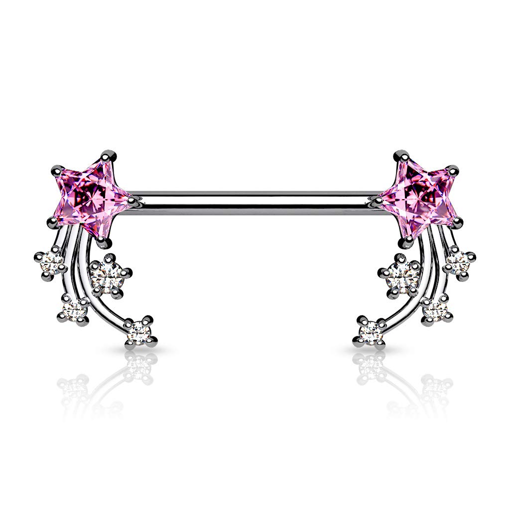 Brustwarzenpiercing Stern-schnuppen Silber Clear Pink Aqua Brustpiercing Nippelpiercing Intimpiercing Chirurgenstahl Stab 16mm