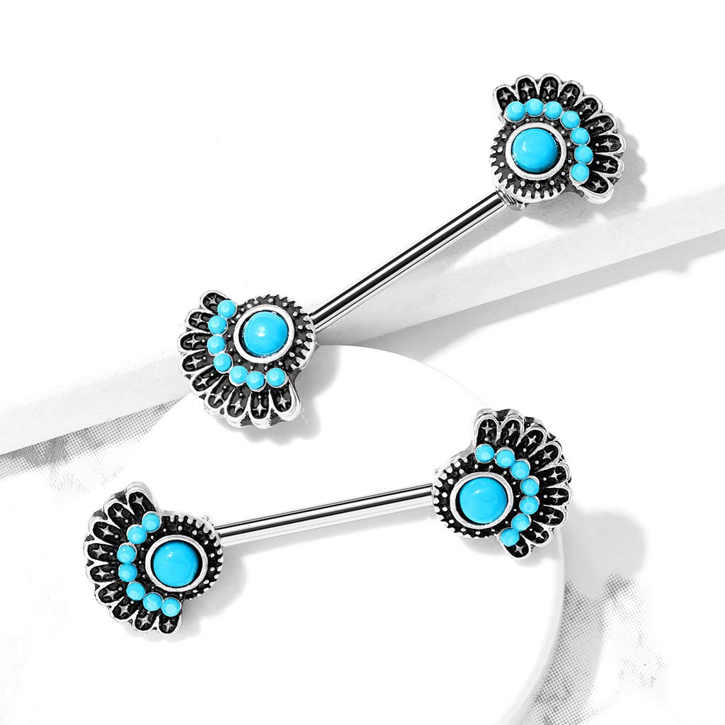Brustwarzenpiercing Vintage Fächer Türkis Brustpiercing Nippelpiercing Chirurgenstahl Silber Stab 1,6/14mm