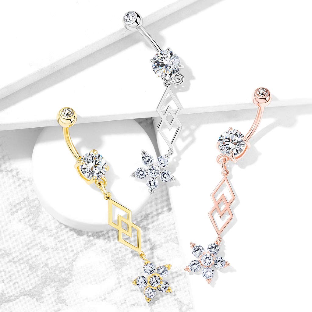 Bauchnabelpiercing Zirkonia Blumen-Anhänger Nabelpiercing Chirurgenstahl Bananabell Silber Gold Roségold Clear Stab 1,6/10mm