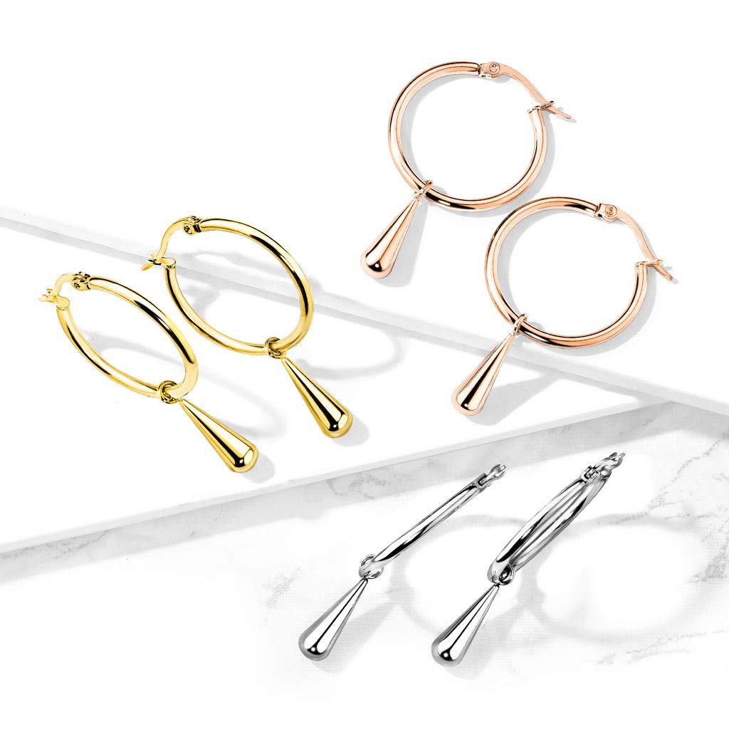 1 Paar Damen Ohrringe CREOLE Tropfen-Anhänger Länge 43,2mm Ohrstecker Chirurgenstahl Gold Roségold Silber